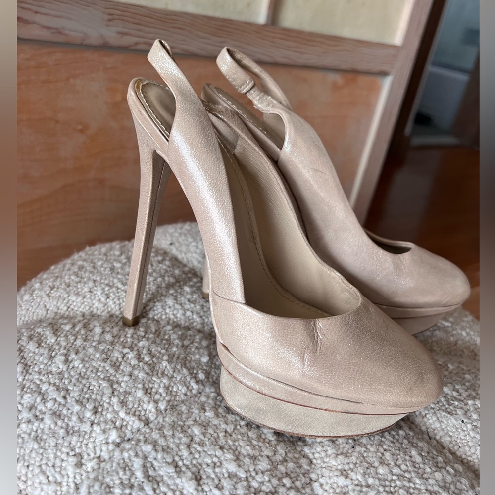 Brian Atwood nude metallic platform heels